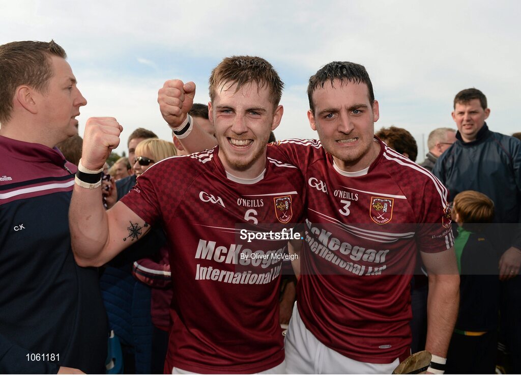 27 September 2015; Ryan McCambridge and Martin Burke, Ruairi Og Cushendall, celebrate after the game. Antrim Senior Championship Hurling Final, Ruairi Og Cushendall v Ballycastle McQuillan, Dunloy GAA Club, Dunloy, Co. Antrim. Picture credit: Oliver McVeigh / SPORTSFILE