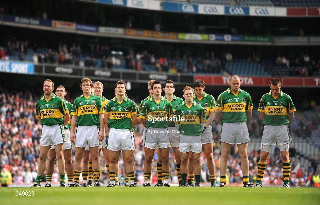 26 April 2009; The Kerry team stand for the national anthem before the game. Allianz GAA National Football League, Division 1 Final, Kerry v Derry, Croke Park, Dublin. Picture credit: Brendan Moran / SPORTSFILE