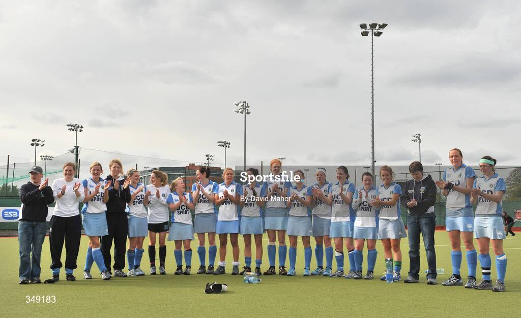 26 April 2009; UCD players and officials line up before accepting their medals after winning the ESB Irish Senior Women's Cup Final. ESB Irish Senior Women's Cup Final, Pegasus v UCD, National Hockey Stadium, UCD, Dublin. Picture credit: David Maher / SPORTSFILE