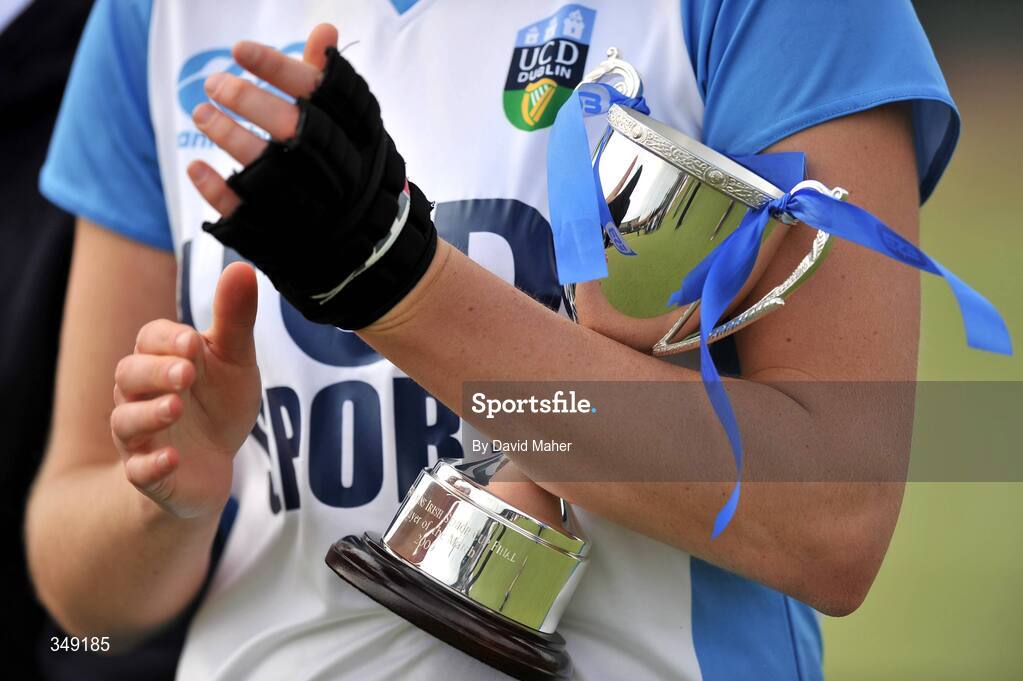 26 April 2009; UCD's Roisin Flinn holds her Player of the Match cup. ESB Irish Senior Women's Cup Final, Pegasus v UCD, National Hockey Stadium, UCD, Dublin. Picture credit: David Maher / SPORTSFILE