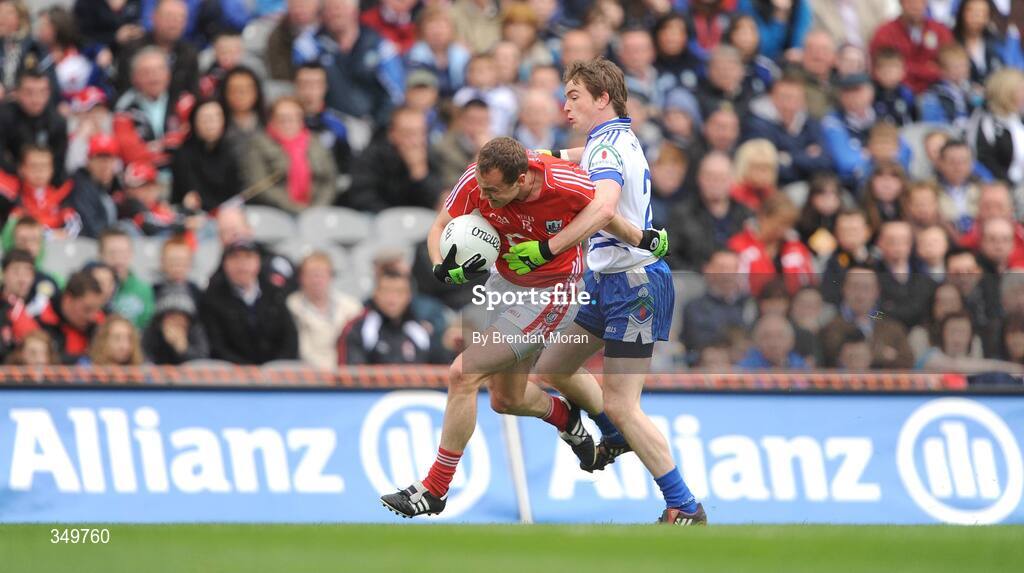 26 April 2009; James Masters, Cork, in action against Dessie Mone, Monaghan. Allianz GAA National Football League, Division 2 Final, Cork v Monaghan, Croke Park, Dublin. Picture credit: Brendan Moran / SPORTSFILE
