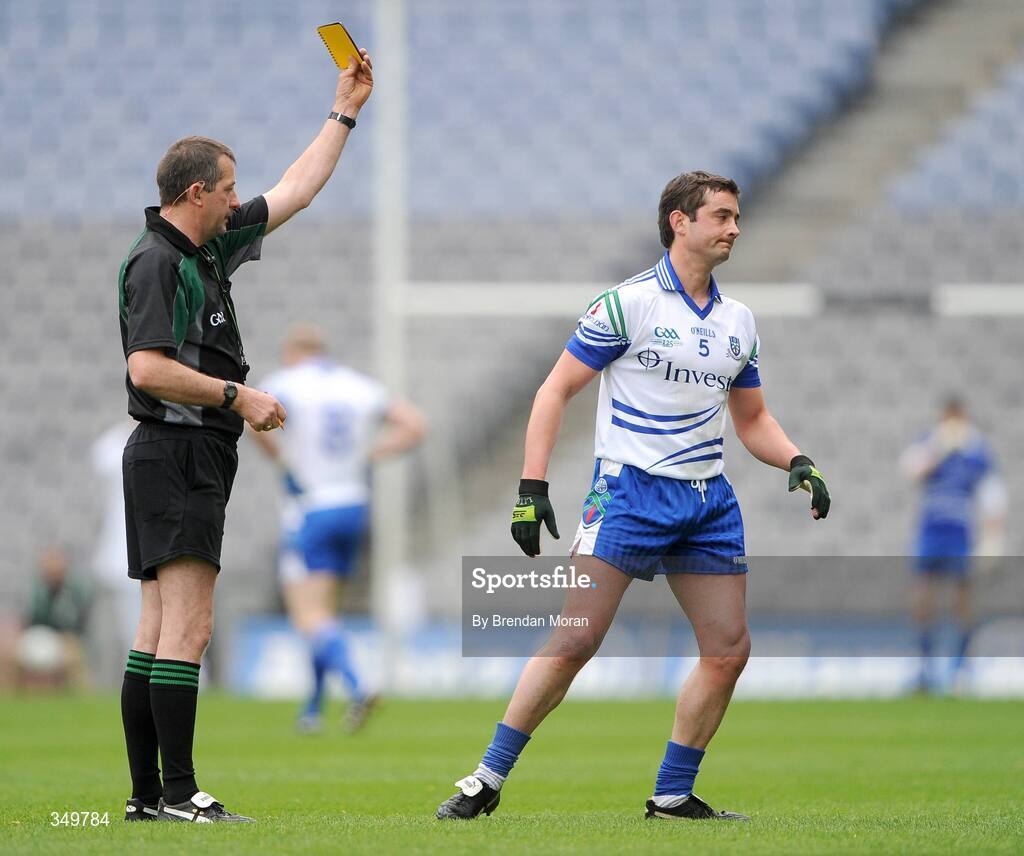 26 April 2009; Damien Freeman, Monaghan, is shown a yellow card by referee Syl Doyle. Allianz GAA National Football League, Division 2 Final, Cork v Monaghan, Croke Park, Dublin. Picture credit: Brendan Moran / SPORTSFILE