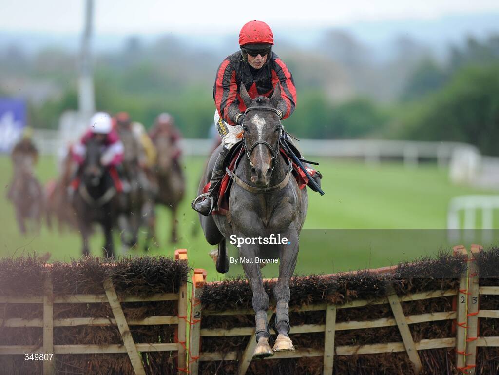 29 April 2009; Montana Slim, with Keith Clarke up, jump the last on their way to winning the Martinstown Opportunity Series Final Handicap Hurdle. 2009 Punchestown Irish National Hunt Festival, Punchestown Racecourse, Co. Kildare. Picture credit: Matt Browne / SPORTSFILE