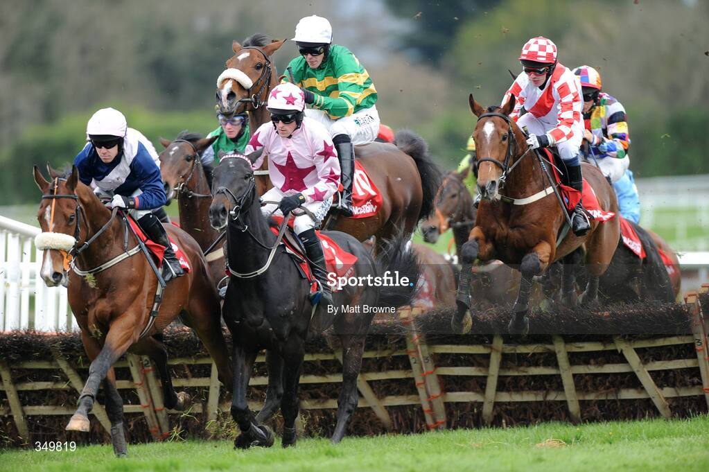 29 April 2009; The runners and riders lead by Manor Park with Andrew Leigh up, left, and Jettymarc with Paddy Flood up go over the first during the Louis Fitzgerald Hotel Hurdle. 2009 Punchestown Irish National Hunt Festival, Punchestown Racecourse, Co. Kildare. Picture credit: Matt Browne / SPORTSFILE