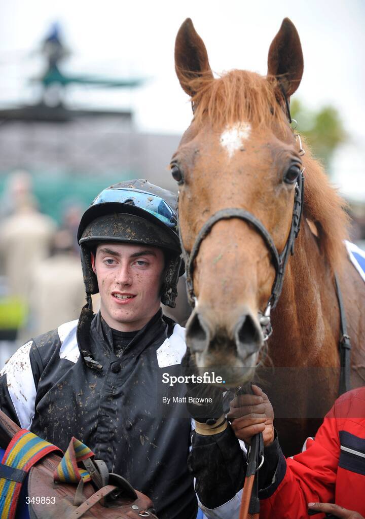 29 April 2009; Jockey Emmet Mullins after winning the Madra Dog Food 21st Anniversary Novice Hurdle on The Midnight Club. 2009 Punchestown Irish National Hunt Festival, Punchestown Racecourse, Co. Kildare. Picture credit: Matt Browne / SPORTSFILE