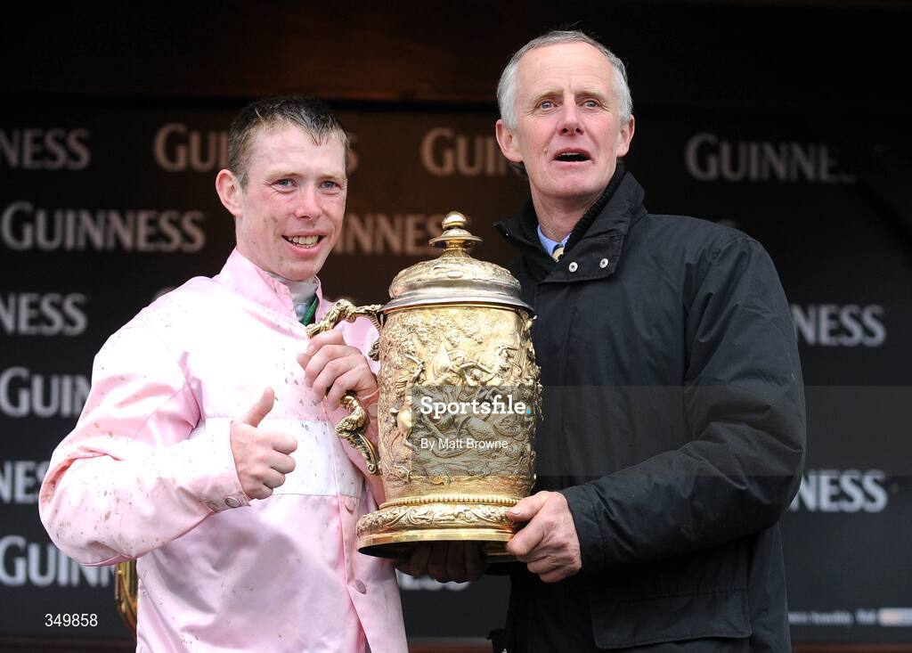 29 April 2009; Trainer Jim Dreaper and jockey Andrew Lynch after winning the Punchestown Guinness Gold Cup with Notre Pere. 2009 Punchestown Irish National Hunt Festival, Punchestown Racecourse, Co. Kildare. Picture credit: Matt Browne / SPORTSFILE