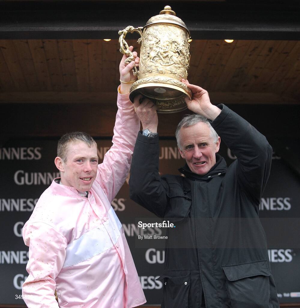 29 April 2009; Trainer Jim Dreaper and jockey Andrew Lynch after winning the Punchestown Guinness Gold Cup with Notre Pere. 2009 Punchestown Irish National Hunt Festival, Punchestown Racecourse, Co. Kildare. Picture credit: Matt Browne / SPORTSFILE