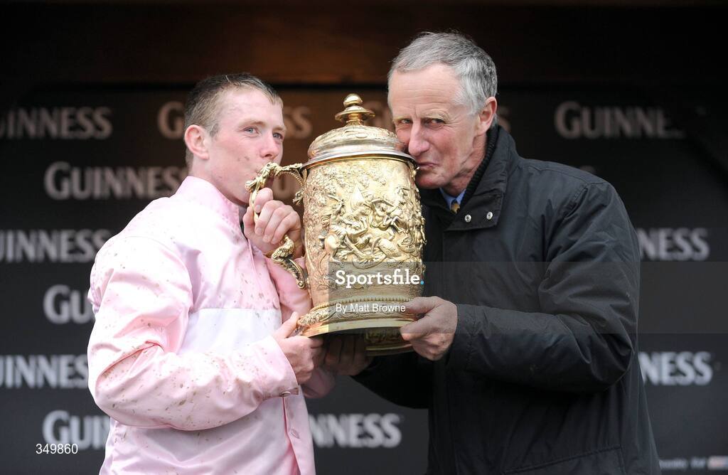 29 April 2009; Trainer Jim Dreaper and jockey Andrew Lynch after winning the Punchestown Guinness Gold Cup with Notre Pere. 2009 Punchestown Irish National Hunt Festival, Punchestown Racecourse, Co. Kildare. Picture credit: Matt Browne / SPORTSFILE
