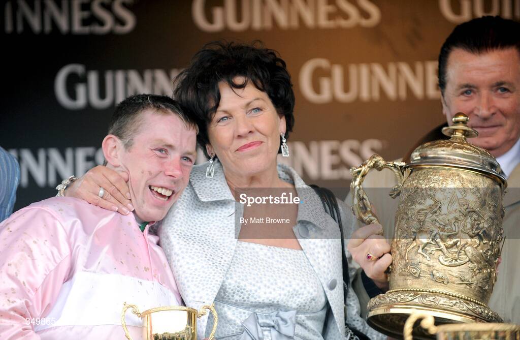 29 April 2009; Owner Tillie Conway and jockey Andrew Lynch after winning the Punchestown Guinness Gold Cup with Notre Pere. 2009 Punchestown Irish National Hunt Festival, Punchestown Racecourse, Co. Kildare. Picture credit: Matt Browne / SPORTSFILE