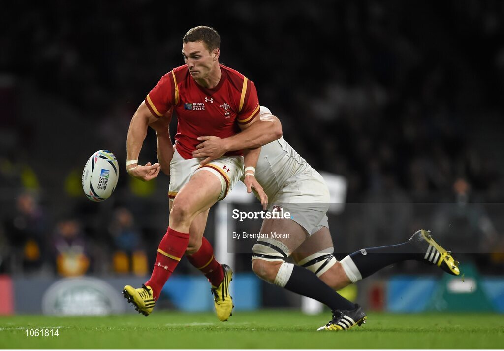 26 September 2015; George North, Wales, loses possession as he is tackled by Joe Launchbury, England. 2015 Rugby World Cup, Pool A, England v Wales, Twickenham Stadium, London, England. Picture credit: Brendan Moran / SPORTSFILE
