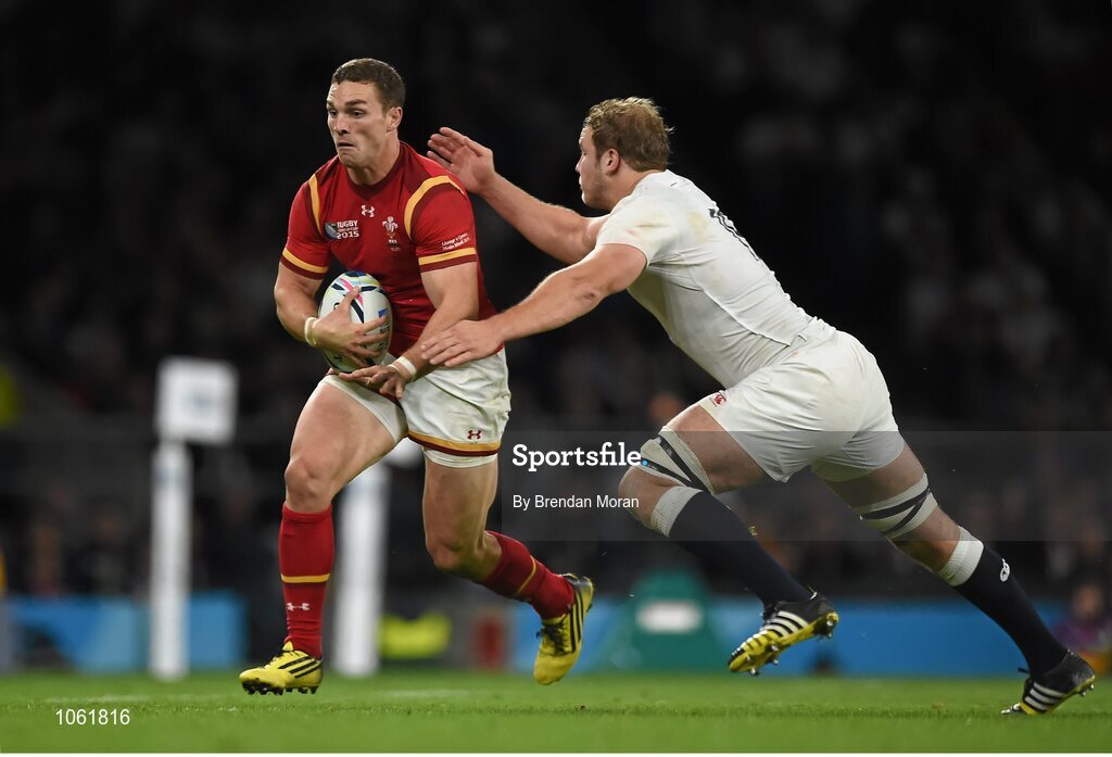 26 September 2015; George North, Wales, in action against Joe Launchbury, England. 2015 Rugby World Cup, Pool A, England v Wales, Twickenham Stadium, London, England. Picture credit: Brendan Moran / SPORTSFILE