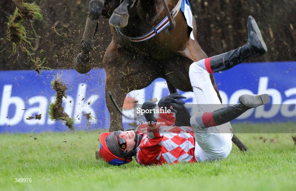 1 May 2009; James Fahey parts company with Doneaney Boy at the third during the KFM Hunters Steeplechase for The Bishopscourt Cup. 2009 Punchestown Irish National Hunt Festival, Punchestown Racecourse, Co. Kildare. Picture credit: Matt Browne / SPORTSFILE