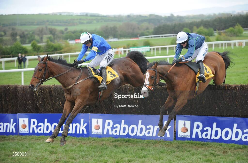 1 May 2009; Equus Maximus, No 3, with Ruby Walsh up, jumps the last on their way to winning the Betfair Novice Handicap Steeplechase from second place Tranquil Sea with Andrew McNamara. 2009 Punchestown Irish National Hunt Festival, Punchestown Racecourse, Co. Kildare. Picture credit: Matt Browne / SPORTSFILE