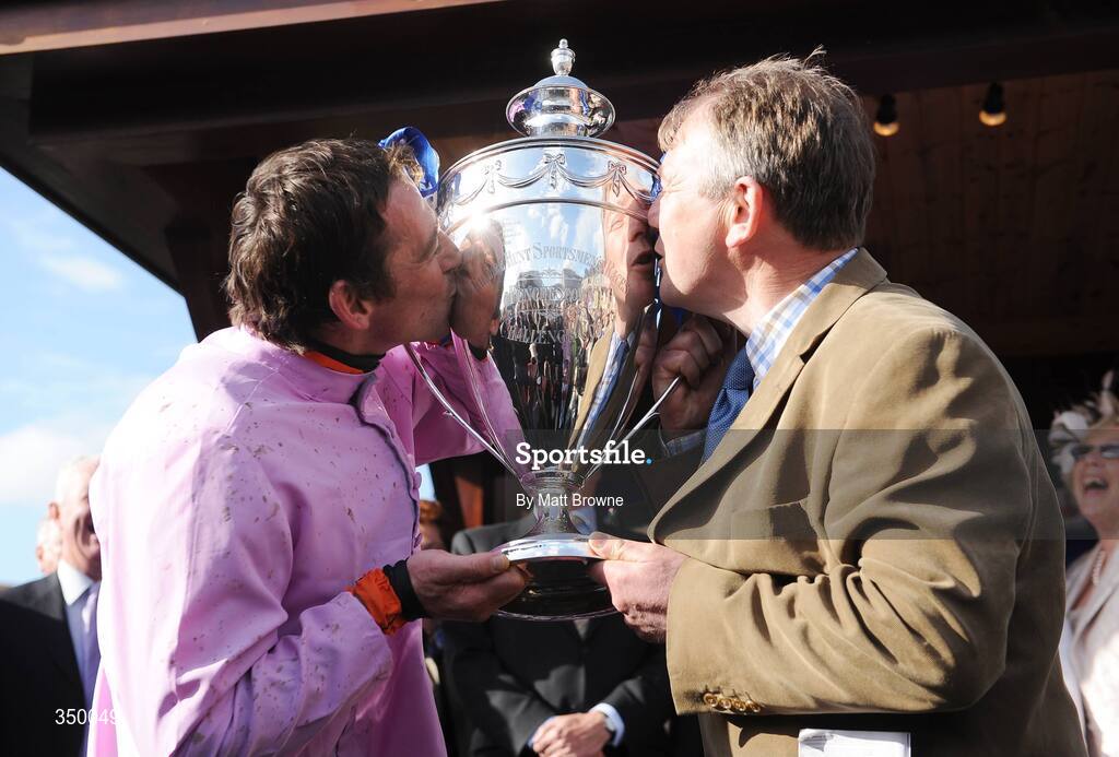 1 May 2009; Davy Russell and trainer Charles Byrnes after winning the Rabobank Champion Hurdle with Solwhit. 2009 Punchestown Irish National Hunt Festival, Punchestown Racecourse, Co. Kildare. Picture credit: Matt Browne / SPORTSFILE
