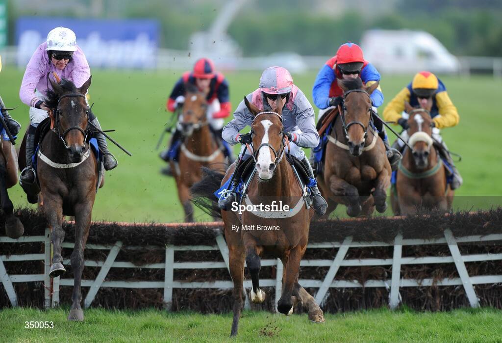 1 May 2009; Solwhit, left, with Davy Russell up, jump the last after Punjabi, centre, with Barry Geraghty up before going on to win the Rabobank Champion Hurdle on the line. 2009 Punchestown Irish National Hunt Festival, Punchestown Racecourse, Co. Kildare. Picture credit: Matt Browne / SPORTSFILE