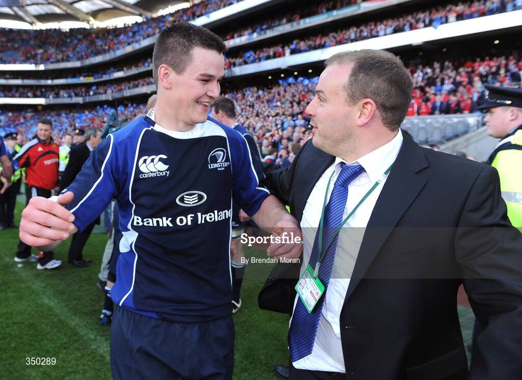 2 May 2009; Leinster out-half Jonathan Sexton celebrates with Emmet Farrell after the game. Heineken Cup Semi-Final, Munster v Leinster, Croke Park, Dublin. Picture credit: Brendan Moran / SPORTSFILE