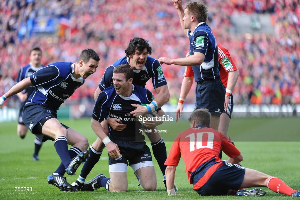 2 May 2009; Gordon D'Arcy, Leinster, celebrates after scoring the first try of the game with team-mates Jonathan Sexton, left, Shane Horgan and Luke Fitzgerald, right. Heineken Cup Semi-Final, Munster v Leinster, Croke Park, Dublin. Picture credit: Matt Browne / SPORTSFILE