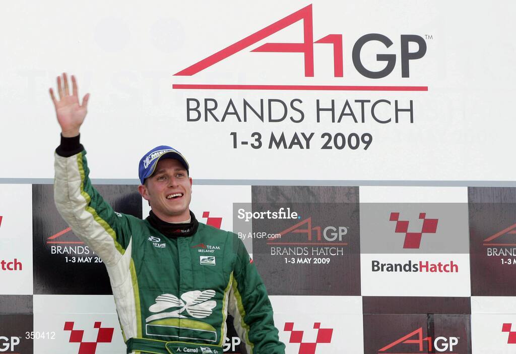 3 May 2009; Ireland’s Adam Carroll celebrates on the podium after winning the A1GP sprint race. A1GP Final Round, Brand’s Hatch, Fawkham, Longfield, Kent, England. Picture credit; A1GP.com / SPORTSFILE