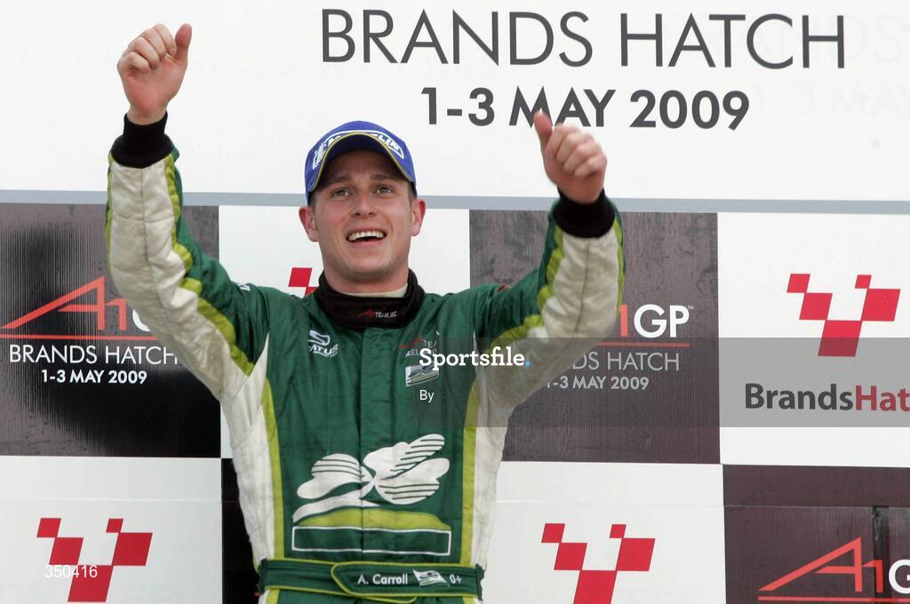 3 May 2009; Ireland’s Adam Carroll celebrates on the podium after winning the A1GP sprint race. A1GP Final Round, Brand’s Hatch, Fawkham, Longfield, Kent, England. Picture credit; A1GP.com / SPORTSFILE
