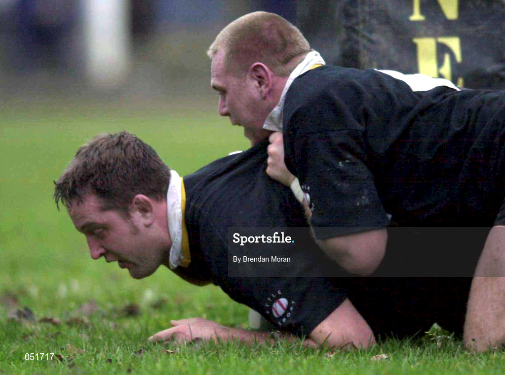 23 December 2000; Mark Blair of Ballymena scores his side's first try supported by team-mate Russell Nelson during the AIB All-Ireland League Division match between Garryowen and Ballymena at Dooradoyle in Limerick. Photo by Brendan Moran/Sportsfile