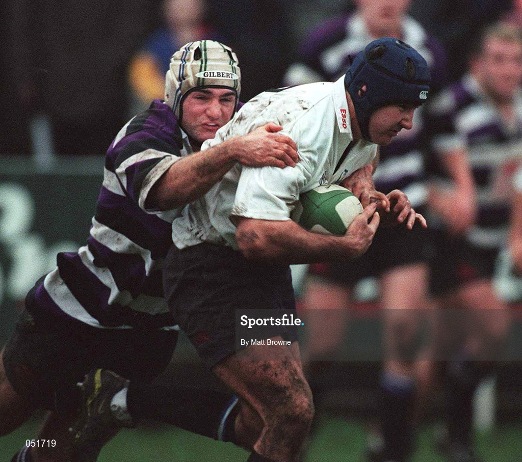 23 December 2000; Luke Hammond of Terenure College RFC is tackled by Craig Taylor of Cork Constitution RFC during the AIB All-Ireland League Division 2 match between Terenure College RFC and Cork Constitution RFC at Lakelands Park in Dublin. Photo by Matt Browne/Sportsfile