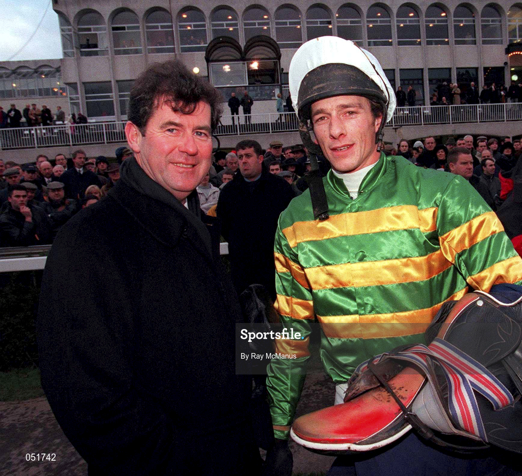 26 December 2000; Winning jockey, Tom Rudd and winning owner, JP McManus, after Knife Edge had won The Denny Gold Medal Novice Steeplechase during day one of the Christmas Festival at Leopardstown Racecourse in Dublin. Photo by Ray McManus/Sportsfile
