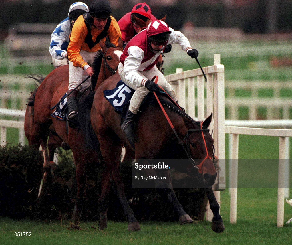 26 December 2000; Secret Native, with Tom Casey up, stumbles after clearing the last on their way to winning The Move Over-Butter Handicap Hurdle during day one of the Christmas Festival at Leopardstown Racecourse in Dublin. Photo by Ray McManus/Sportsfile