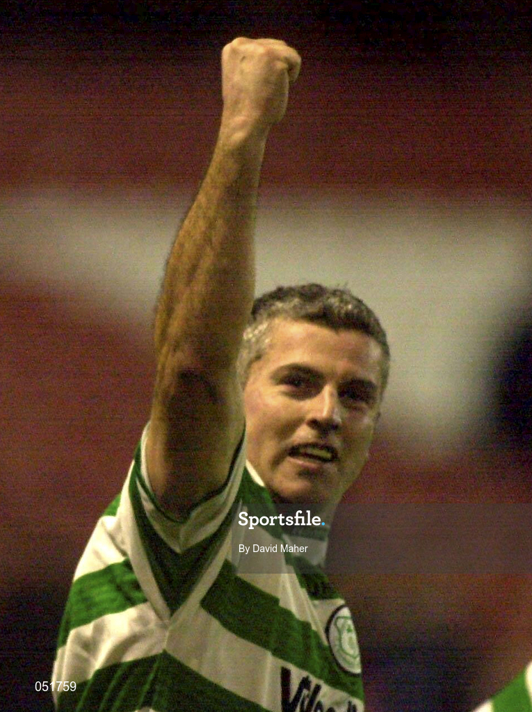 27 December 2000; Tony Cousins of Shamrock Rovers celebrates scoring his side's first goal during the Eircom League Premier Division match between Shelbourne and Shamrock Rovers at Tolka Park in Dublin. Photo by David Maher/Sportsfile