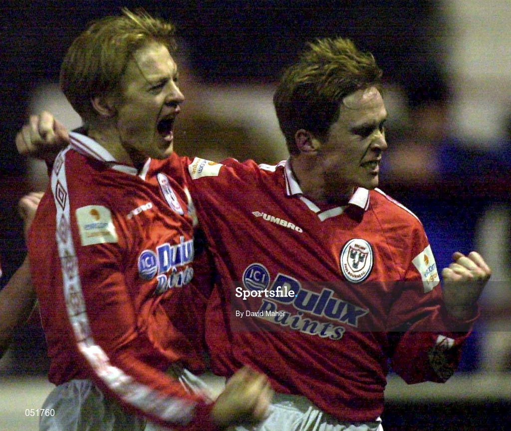 27 December 2000; Richie Baker of Shelbourne, right, celebrates with team-mate Dessie Baker after scoring his sides equalizing goal in the Eircom League Premier Division match between Shelbourne and Shamrock Rovers at Tolka Park in Dublin. Photo by David Maher/Sportsfile