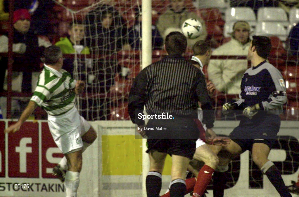 27 December 2000; Tony Cousins Shamrock Rovers heads the ball into the net as Tony McCarthy of Shelbourne and goalkeeper Steve Williams watch on during the Eircom League Premier Division match between Shelbourne and Shamrock Rovers at Tolka Park in Dublin. Photo by David Maher/Sportsfile
