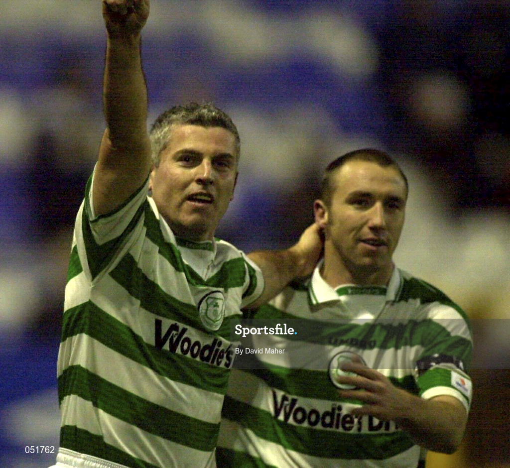 27 December 2000; Tony Cousins of Shamrock Rovers celebrates with team-mate Tony Grant after scoring his side's first goal during the Eircom League Premier Division match between Shelbourne and Shamrock Rovers at Tolka Park in Dublin. Photo by David Maher/Sportsfile