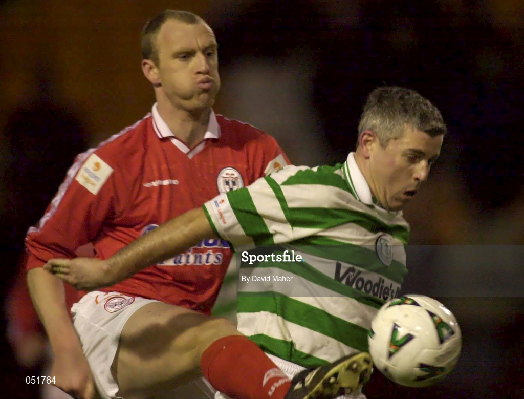 27 December 2000; Tony Cousins of Shamrock Rovers in action against Tony McCarthy of Shelbourne during the Eircom League Premier Division match between Shelbourne and Shamrock Rovers at Tolka Park in Dublin. Photo by David Maher/Sportsfile