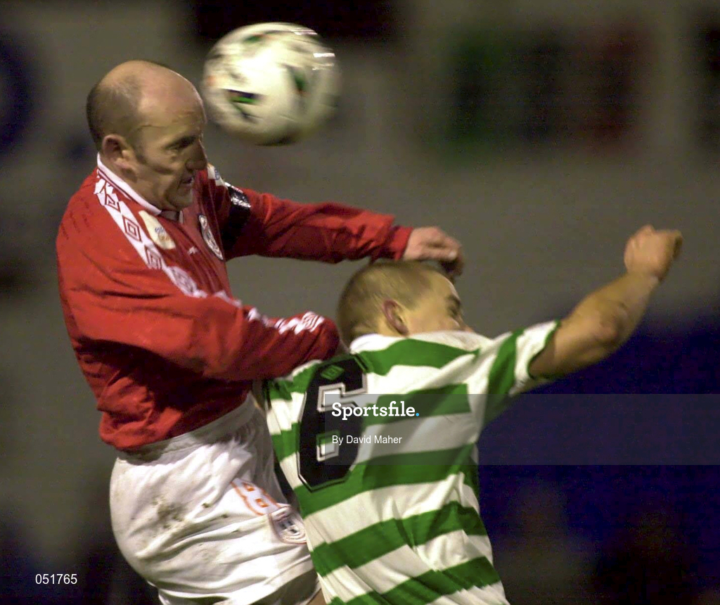 27 December 2000; Paul Doolin of Shelbourne gets above Shane Robinson of Shamrock Rovers during the Eircom League Premier Division match between Shelbourne and Shamrock Rovers at Tolka Park in Dublin. Photo by David Maher/Sportsfile