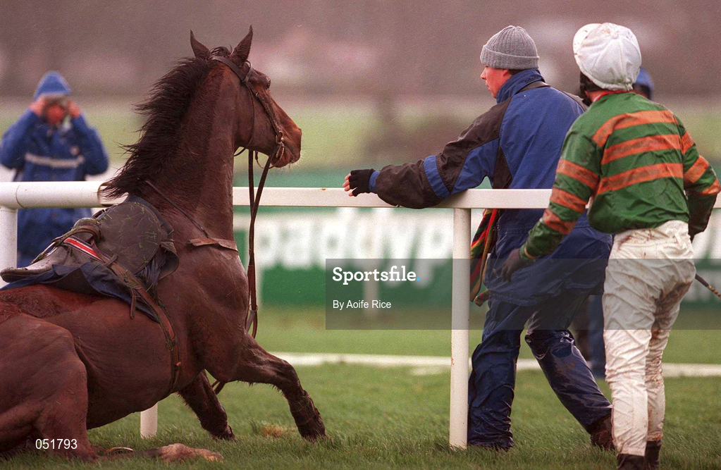 31 December 2000; Istabraq and a dissapointed Charlie Swan  having fallen after the last fence in The AIB Agri Business December Festival Hurdle during day three of the Christmas Festival at Leopardstown Racecourse in Dublin. Photo by Aoife Rice/Sportsfile