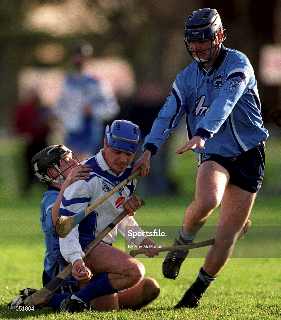 1 January 2001; Stephen Donnelly of Blue Stars, is tackled by Dublin players Liam Ryan, left, and Daithi de Paor during the Dublin GAA Hurling Blue Stars Exibition Games at Glenallbyn in Stillorgan, Dublin. Photo by Ray McManus/Sportsfile