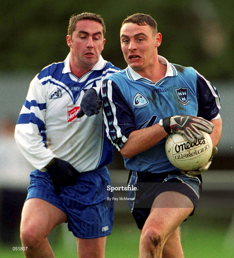 1 January 2001; Kevin Kelly of Dublin is tackled byStephen McGlinchey of Blue Stars during the Dublin GAA Hurling Blue Stars Exibition Games at Glenallbyn in Stillorgan, Dublin. Photo by Ray McManus/Sportsfile