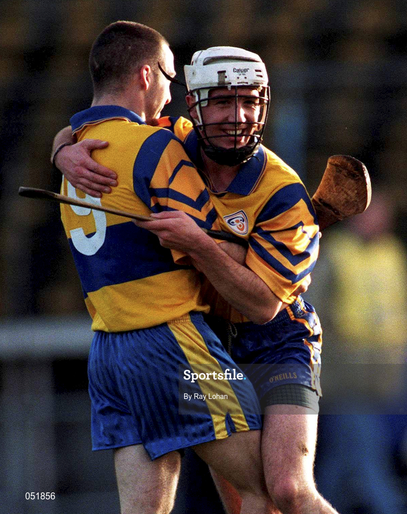 26 November 2000; Brian Kennedy, left, and Wayne Kennedy of Sixmilebridge celebrate following the AIB Munster Club Hurling Championship Final match between Sixmilebridge and Mount Sion at Semple Stadium in Thurles, Tipperary. Photo by Ray Lohan/Sportsfile