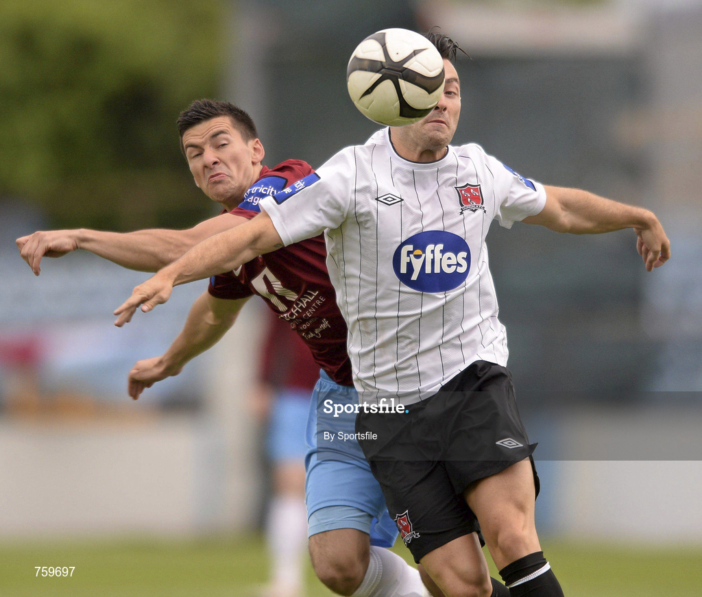 10 June 2013; Richie Towell of Dundalk in action against Jason Marks of Drogheda United during the Airtricity League Premier Division match between Drogheda United and Dundalk at Hunky Dorys Park in Drogheda, Louth. Photo by Sportsfile