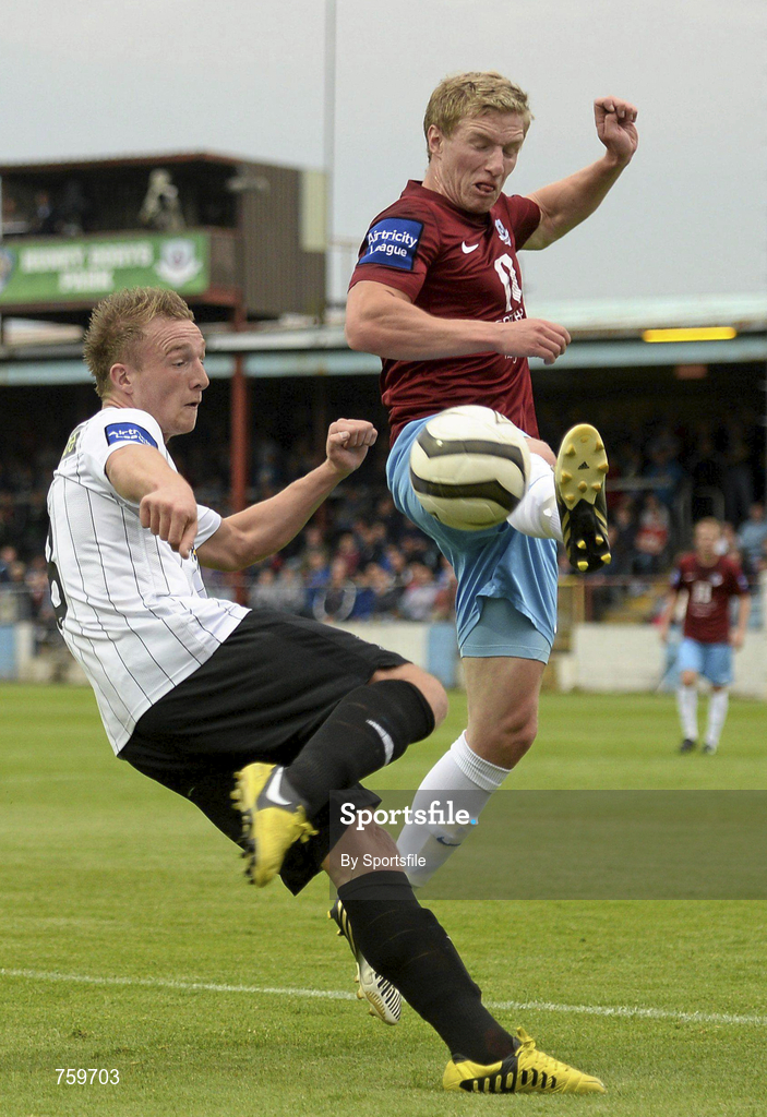 10 June 2013; John Mountney of Dundalk in action against Shane Grimes of Drogheda United during the Airtricity League Premier Division match between Drogheda United and Dundalk at Hunky Dorys Park in Drogheda, Louth. Photo by Sportsfile