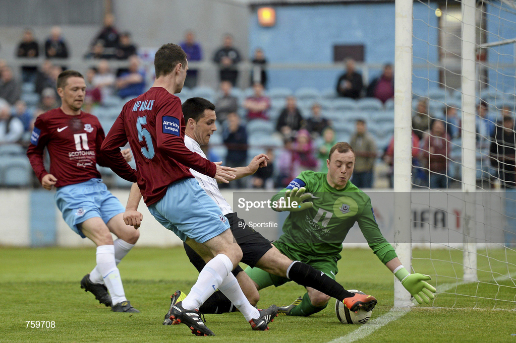 10 June 2013; Patrick Hoban of Dundalk has a shot on goal which was subsequently disallowed by referee Alan Kelly during the Airtricity League Premier Division match between Drogheda United and Dundalk at Hunky Dorys Park in Drogheda, Louth. Photo by Sportsfile