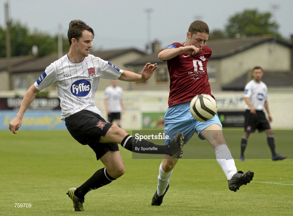10 June 2013; John Dillon of Dundalk in action against Shane Grimes of Drogheda United during the Airtricity League Premier Division match between Drogheda United and Dundalk at Hunky Dorys Park in Drogheda, Louth. Photo by Sportsfile