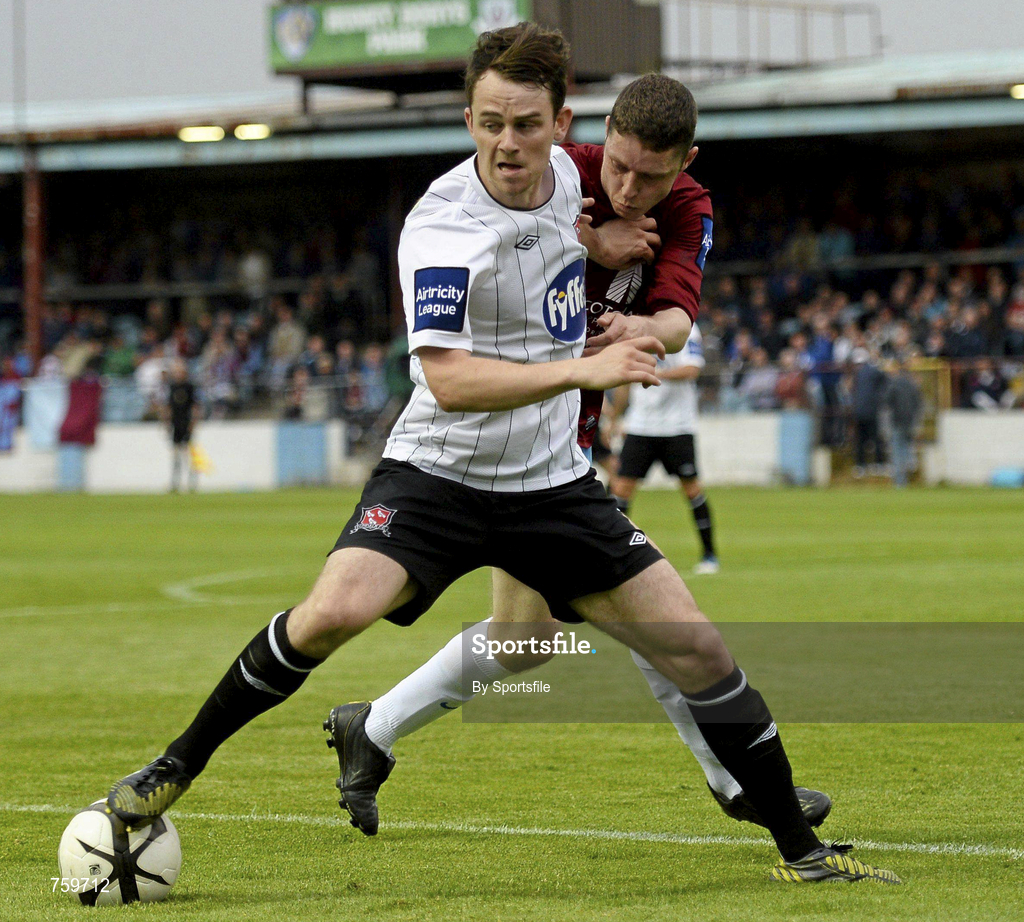 10 June 2013; John Dillon of Dundalk in action against Shane Grimes of Drogheda United during the Airtricity League Premier Division match between Drogheda United and Dundalk at Hunky Dorys Park in Drogheda, Louth. Photo by Sportsfile