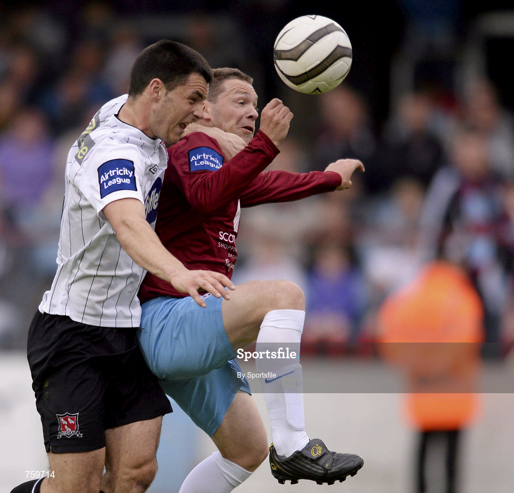 10 June 2013; Brian Gannon of Drogheda United in action against Patrick Hoban of Dubdalk during the Airtricity League Premier Division match between Drogheda United and Dundalk at Hunky Dorys Park in Drogheda, Louth. Photo by Sportsfile