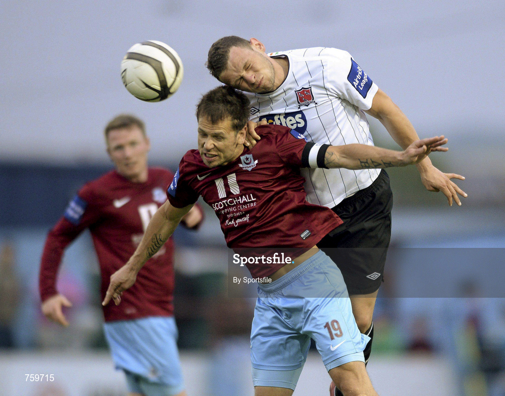 10 June 2013; Declan O'Brien of Drogheda United in action against Andy Boyle of Dubdalk during the Airtricity League Premier Division match between Drogheda United and Dundalk at Hunky Dorys Park in Drogheda, Louth. Photo by Sportsfile