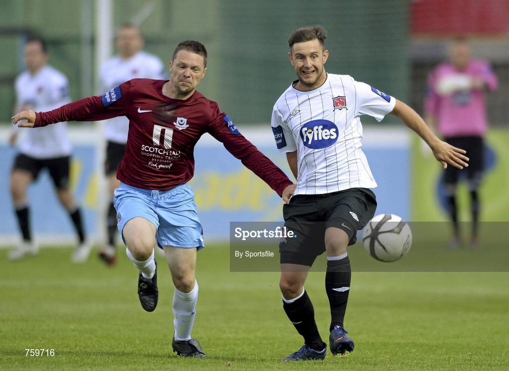 10 June 2013; Stephen McDonnell of Dubdalk in action against Brian Gannon of Drogheda United during the Airtricity League Premier Division match between Drogheda United and Dundalk at Hunky Dorys Park in Drogheda, Louth. Photo by Sportsfile
