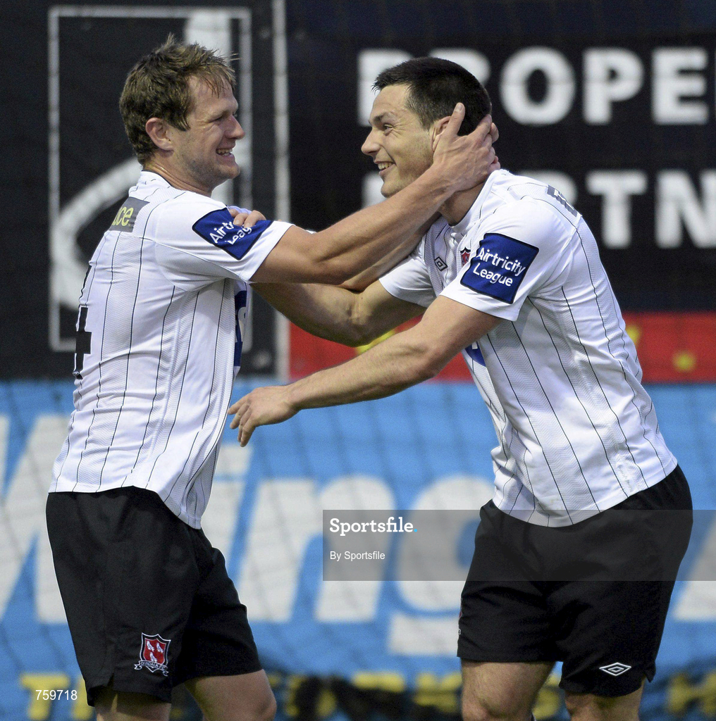 10 June 2013; Patrick Hoban of Dundalk, right, celebrates after scoring his side's first goal, with team-mate Dane Massey during the Airtricity League Premier Division match between Drogheda United and Dundalk at Hunky Dorys Park in Drogheda, Louth. Photo by Sportsfile