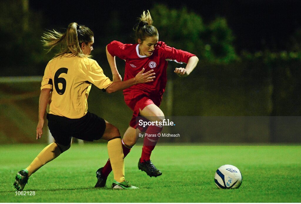 30 September 2015; Jess Corr, Shelbourne U18 LFC, in action against Alexandra Molloy, St Catherine's LFC. FAI Umbro Women’s Intermediate Cup Final, St Catherine’s LFC v Shelbourne U18 LFC. Frank Cooke Park, Glasnevin, Dublin. Picture credit: Piaras Ó Mídheach / SPORTSFILE