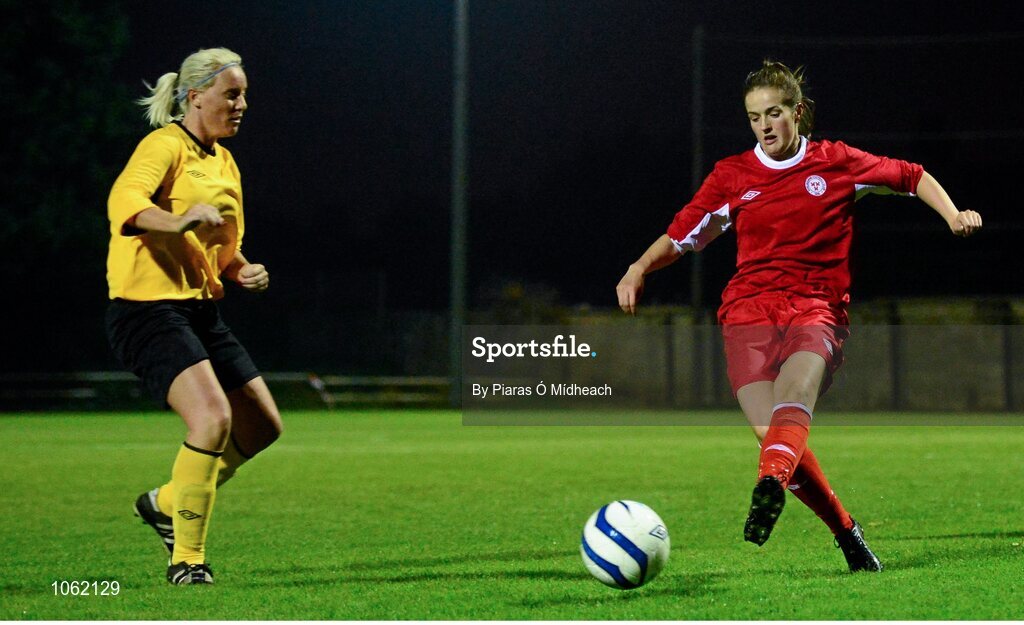 30 September 2015; Jess Corr, Shelbourne U18 LFC, in action against Michelle Walsh, St Catherine's LFC. FAI Umbro Women’s Intermediate Cup Final, St Catherine’s LFC v Shelbourne U18 LFC. Frank Cooke Park, Glasnevin, Dublin. Picture credit: Piaras Ó Mídheach / SPORTSFILE