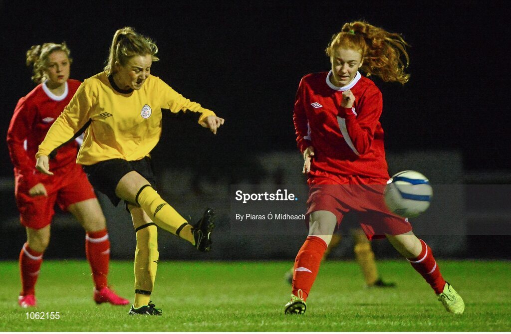 30 September 2015; Amy McLoughlin, St Catherine's LFC, in action against Cliona Owens, Shelbourne U18 LFC. FAI Umbro Women’s Intermediate Cup Final, St Catherine’s LFC v Shelbourne U18 LFC. Frank Cooke Park, Glasnevin, Dublin. Picture credit: Piaras Ó Mídheach / SPORTSFILE
