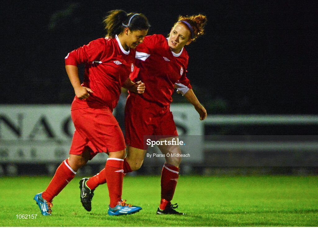 30 September 2015; Shianne Swares, Shelbourne U18 LFC, left, celebrates scoring her side's first goal with team-mate Joan Daly. FAI Umbro Women’s Intermediate Cup Final, St Catherine’s LFC v Shelbourne U18 LFC. Frank Cooke Park, Glasnevin, Dublin. Picture credit: Piaras Ó Mídheach / SPORTSFILE